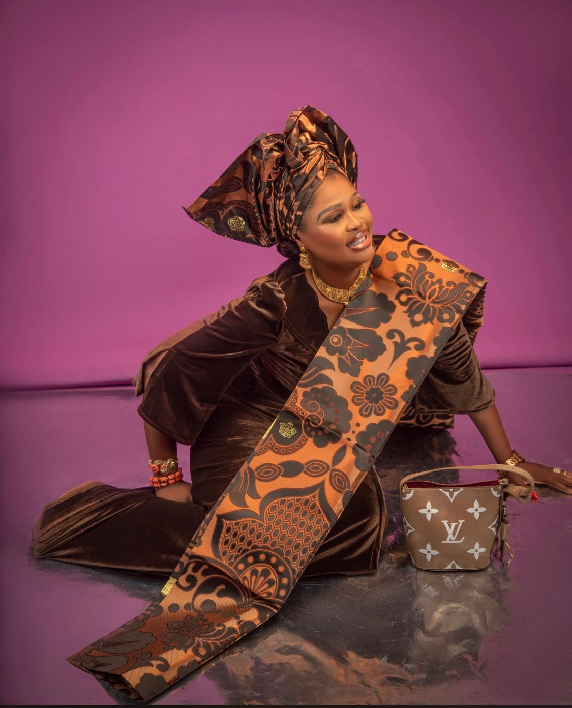 Velvet Iro and Buba set, brown, classic aso ebi outfit, Yoruba dress