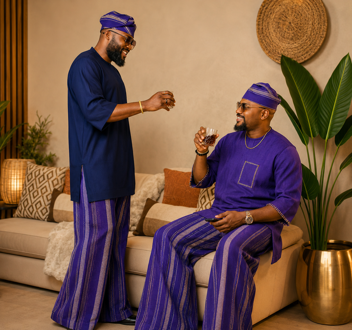 Striped Aso Oke Men's Ensemble, African Handwoven Trousers and Caps Only, Tailored Native Wear, Aso Oke Fila Cap & Trouser Set: Yoruba Traditional Menswear, Handmade Aso Oke Wide-Leg Pants with Cap / Fila.
