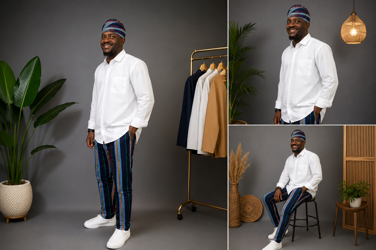 Striped Aso Oke Men's Ensemble, African Handwoven Trousers and Caps Only, Tailored Native Wear, Aso Oke Fila Cap & Trouser Set: Yoruba Traditional Menswear, Handmade Aso Oke Wide-Leg Pants with Cap / Fila.