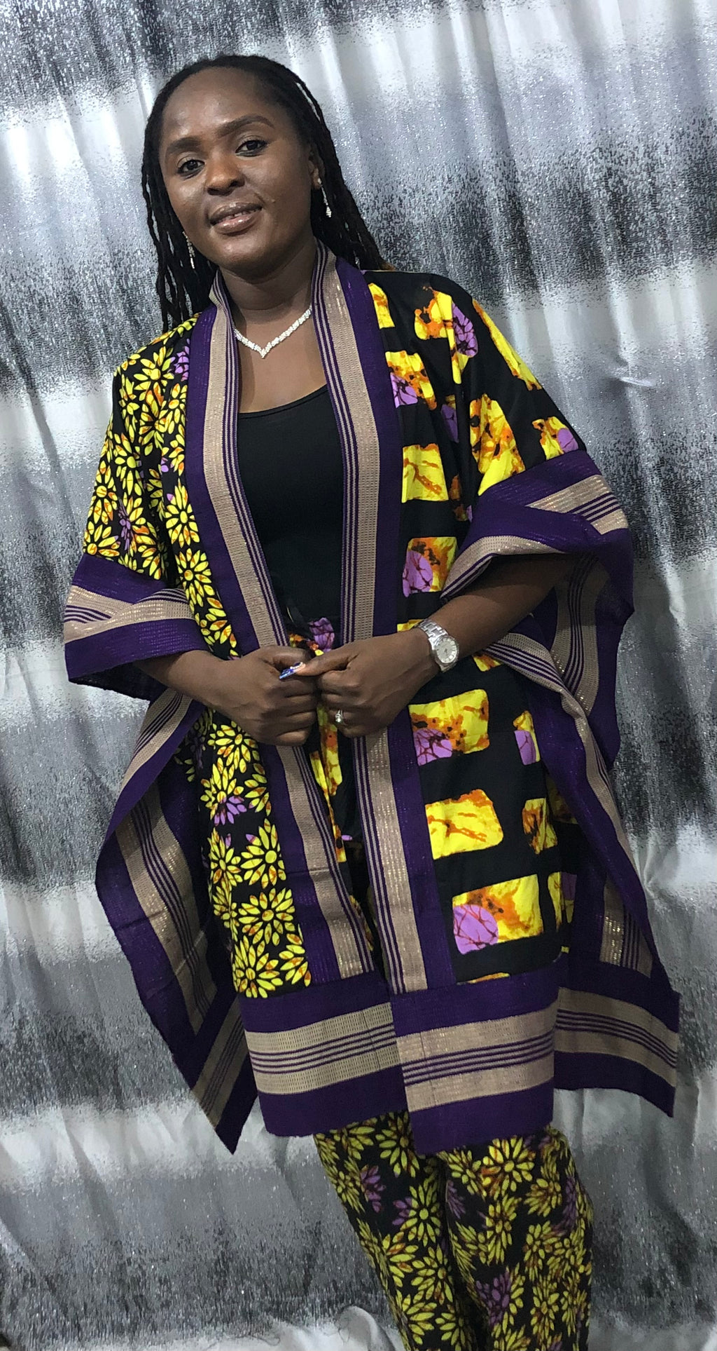 Modern Style African Ankara Print and Aso-Oke Kimono 2p Pant Set, African kimono & pants, Ankara kimono African 2piece set, Ankara matching set, African styles for women, African print pants.