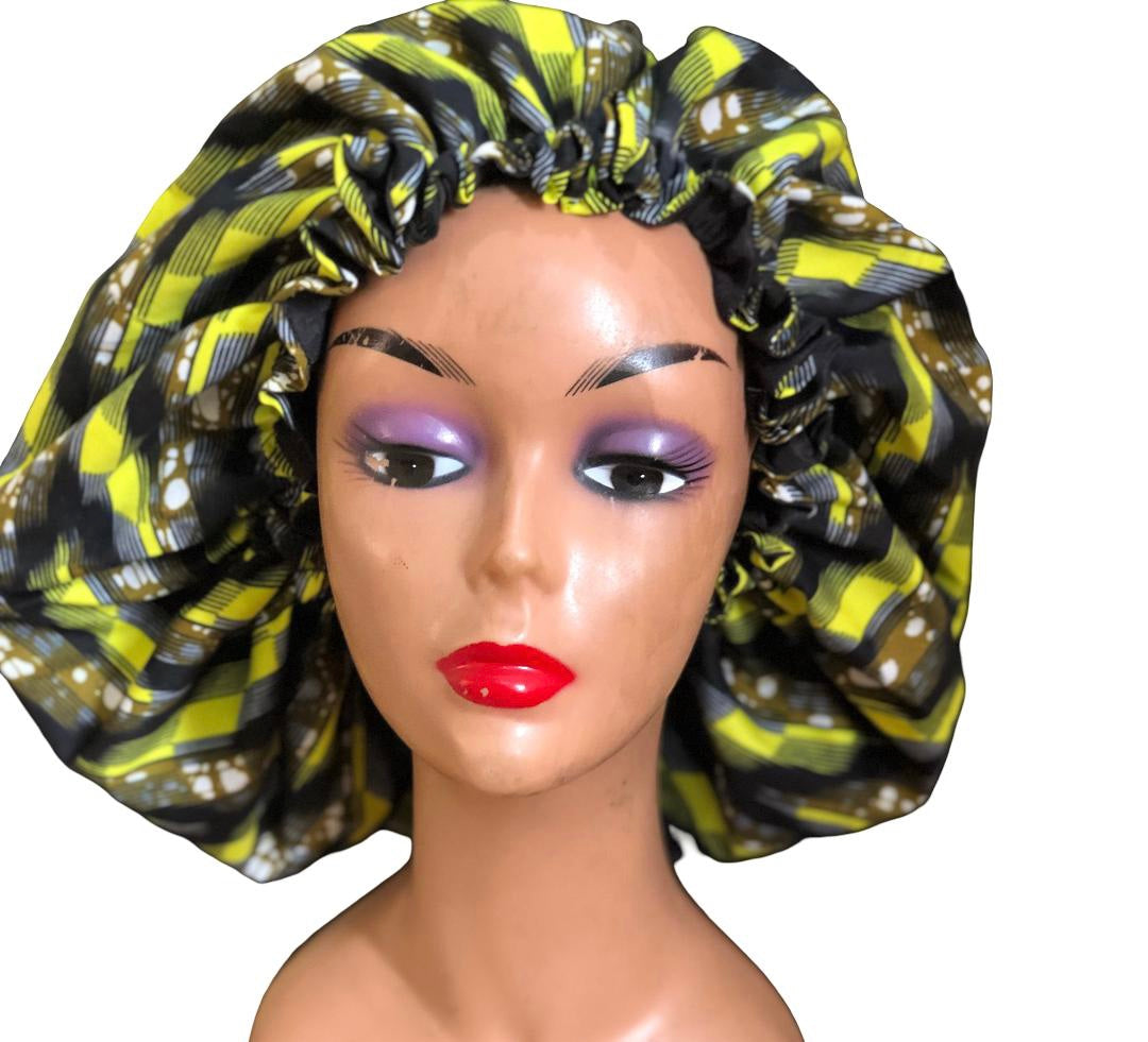 1PC Ankara Bonnet for Women-Double Layer Sleep Cap, Ankara Cotton Bonnet: African Print Protective Hair Cap, Colourful African Print Large Ruffle Hair Bonnets with Cotton Lining, African Inspired Wax Print Hair Bonnets with Lining. Ankara Hair Bonnets.