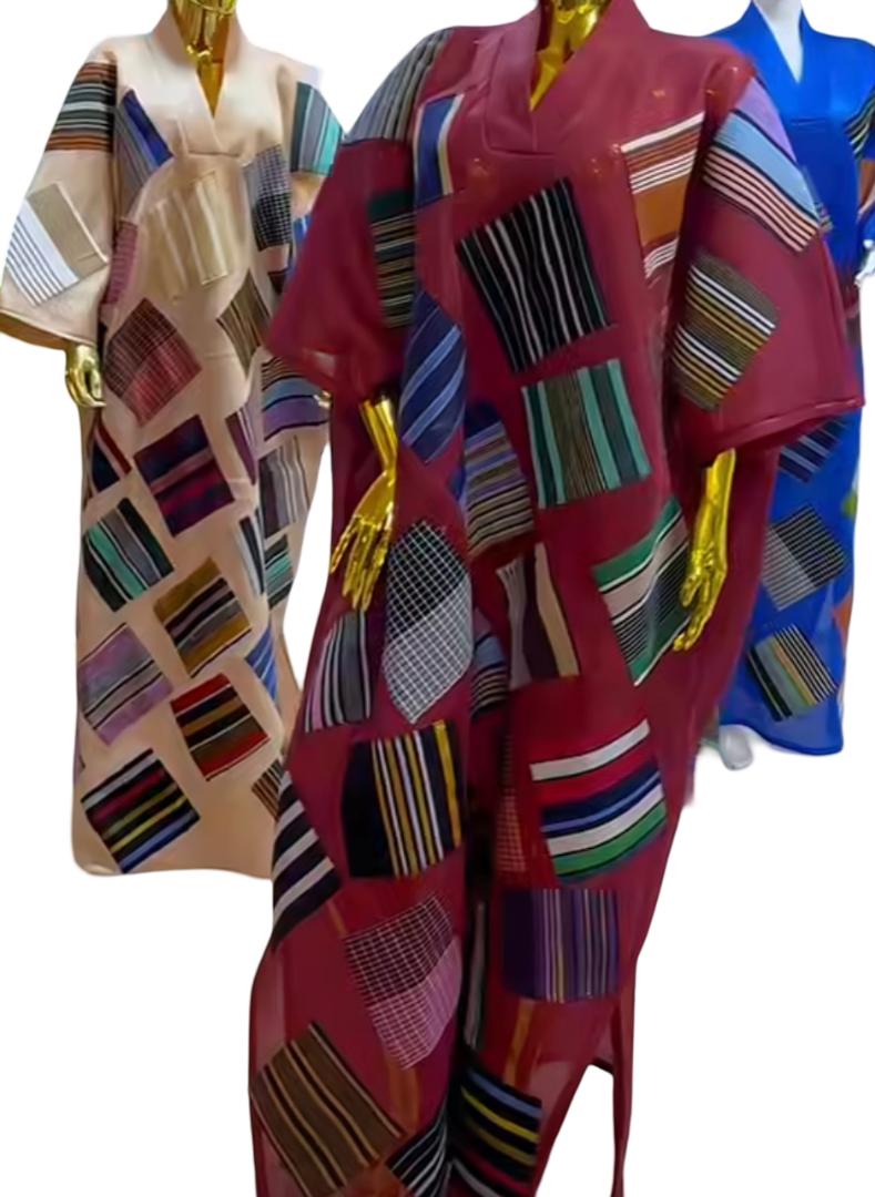 Elegant Mikado Boubou Dress: Bubu kaftan with Aso Oke Pattern, Nigerian Kaftan, Mixed Color Patchwork, Danshiki, Jalabia, Maxi Dress, Boubou Gown. Mikado Bubu With Aso Oke Design.