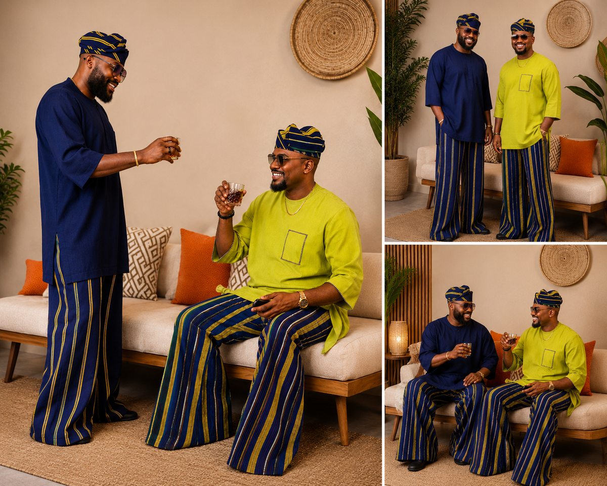 Striped Aso Oke Men's Ensemble, African Handwoven Trousers and Caps Only, Tailored Native Wear, Aso Oke Fila Cap & Trouser Set: Yoruba Traditional Menswear, Handmade Aso Oke Wide-Leg Pants with Cap / Fila.