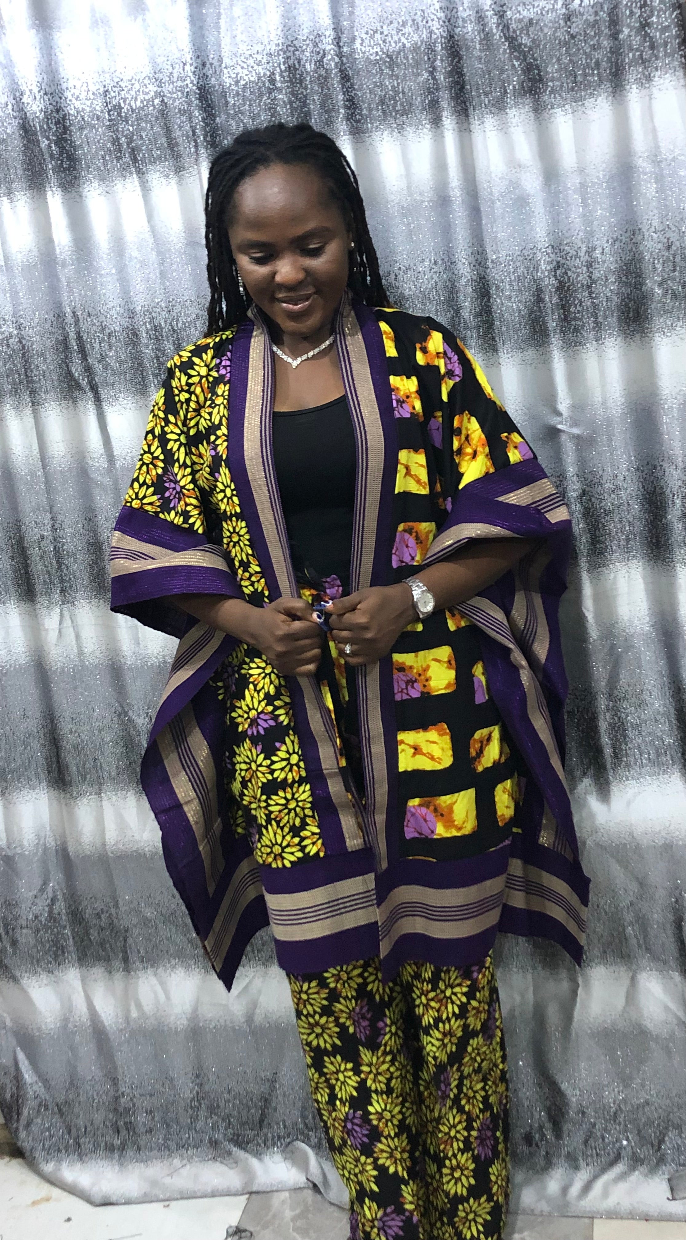 Modern Style African Ankara Print and Aso-Oke Kimono 2p Pant Set, African kimono & pants, Ankara kimono African 2piece set, Ankara matching set, African styles for women, African print pants.