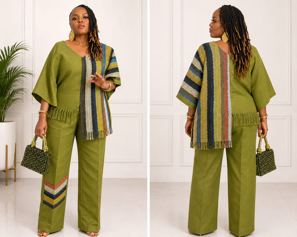 Handwoven Aso Oke Two-Piece Set | Multicolor Striped Top, Plain Wide Leg Trousers. Fringe Two Piece, Trousers Set, Handcrafted Aso Oke for Women.
