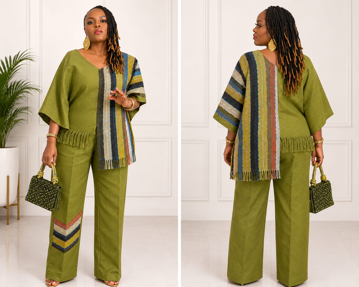 Handwoven Aso Oke Two-Piece Set | Multicolor Striped Top, Plain Wide Leg Trousers. Fringe Two Piece, Trousers Set, Handcrafted Aso Oke for Women.