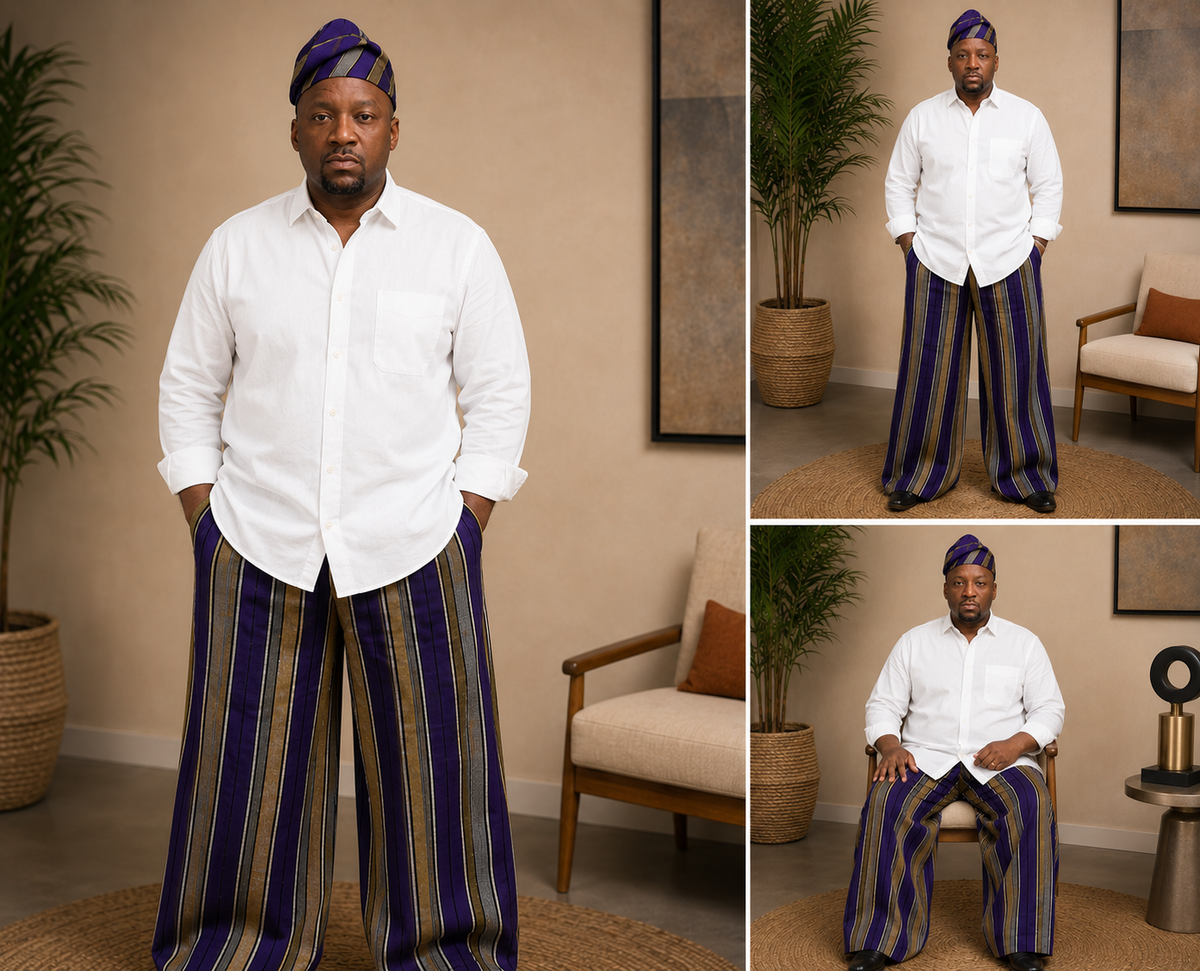Striped Aso Oke Men's Ensemble, African Handwoven Trousers and Caps Only, Tailored Native Wear, Aso Oke Fila Cap & Trouser Set: Yoruba Traditional Menswear, Handmade Aso Oke Wide-Leg Pants with Cap / Fila.