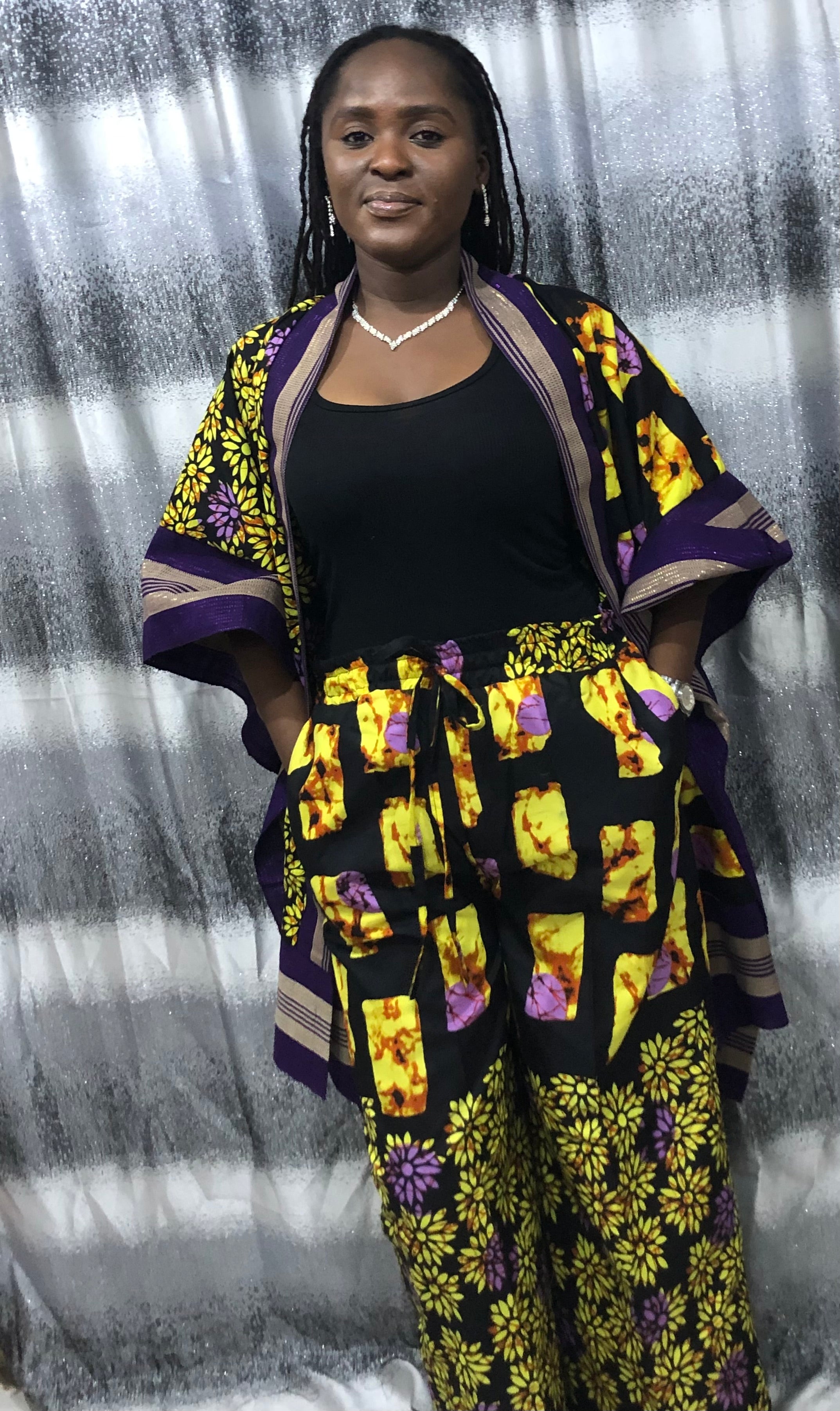 Modern Style African Ankara Print and Aso-Oke Kimono 2p Pant Set, African kimono & pants, Ankara kimono African 2piece set, Ankara matching set, African styles for women, African print pants.