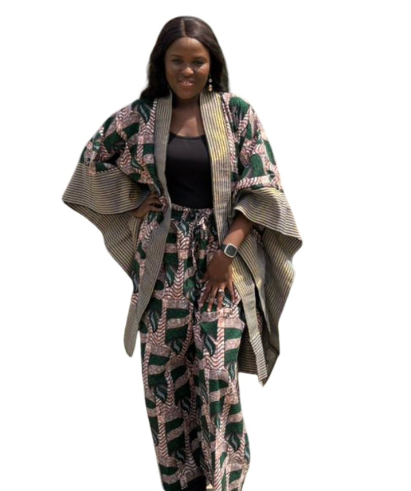 Modern Style African Ankara Print and Aso-Oke Kimono 2p Pant Set, African kimono & pants, Ankara kimono African 2piece set, Ankara matching set, African styles for women, African print pants.