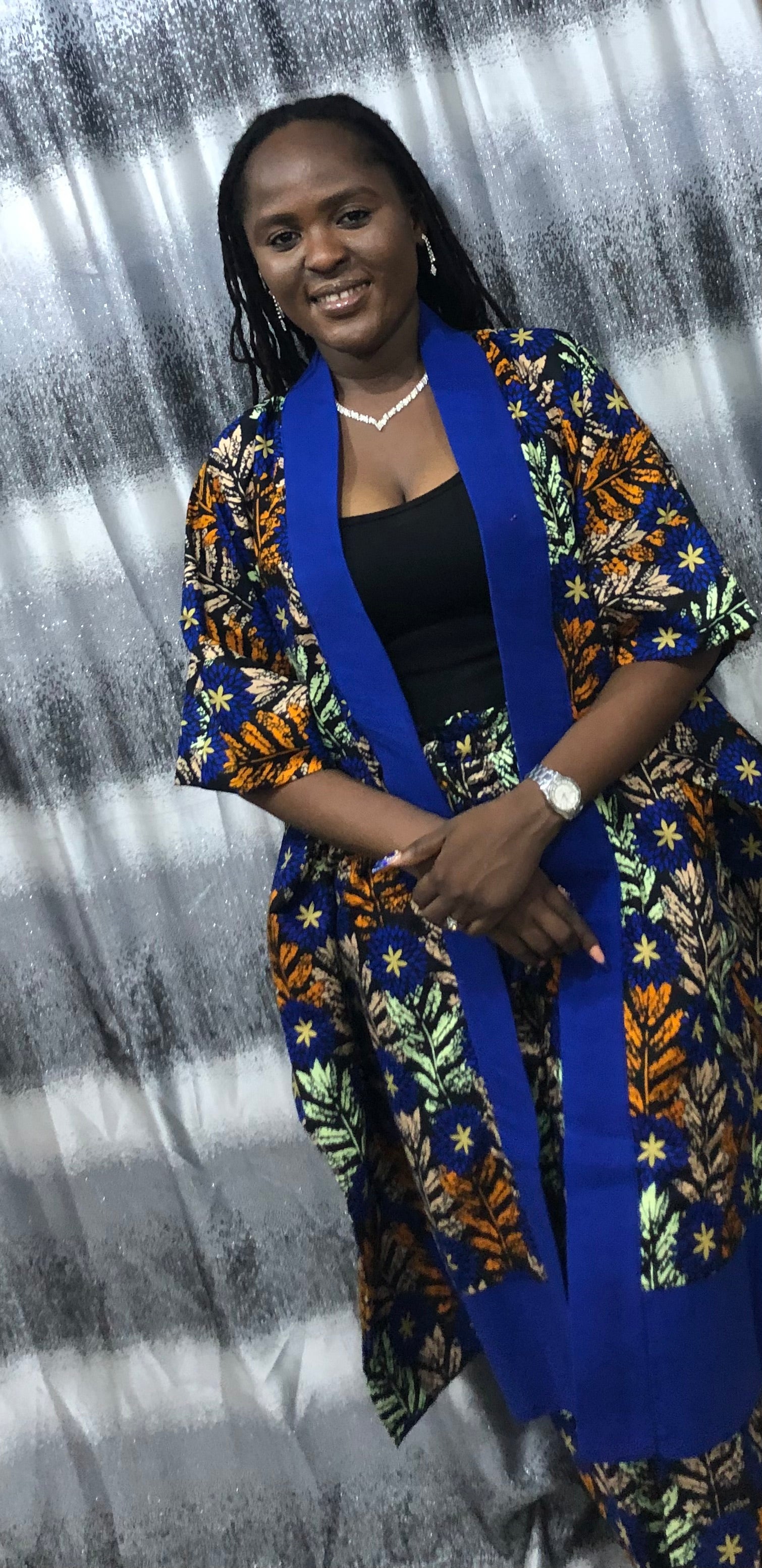 Modern Style African Ankara Print and Aso-Oke Kimono 2p Pant Set, African kimono & pants, Ankara kimono African 2piece set, Ankara matching set, African styles for women, African print pants.