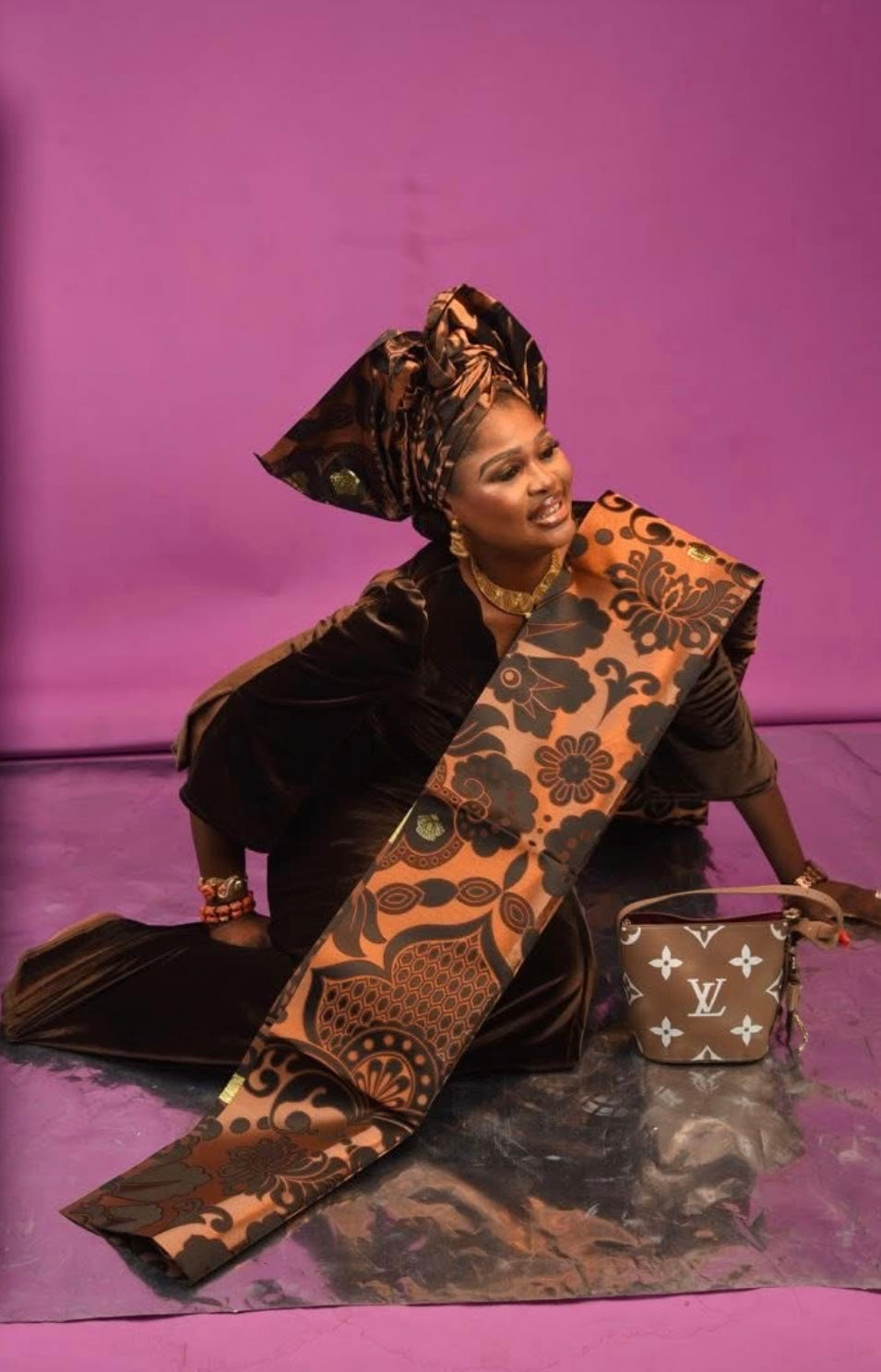 Velvet Iro and Buba set, brown, classic aso ebi outfit, Yoruba dress