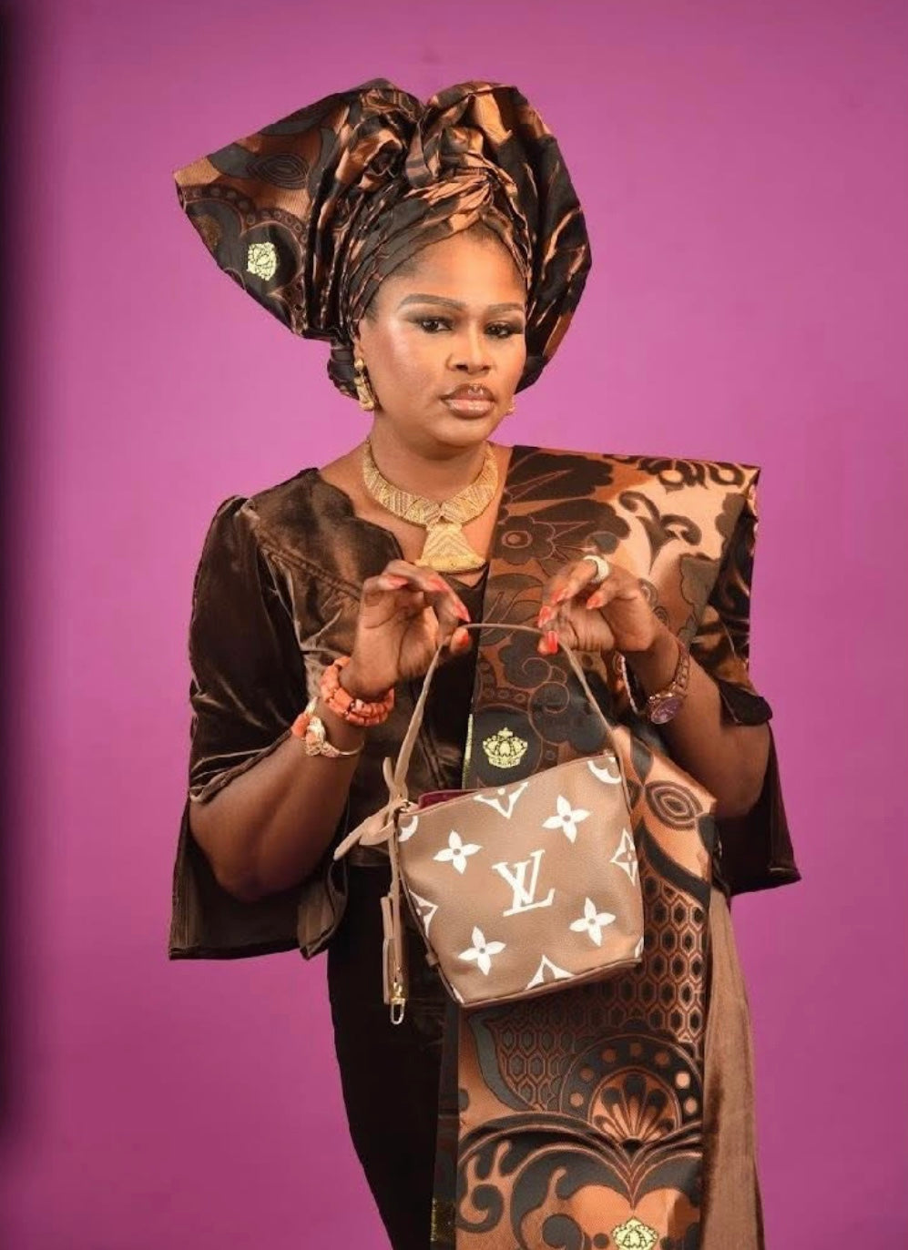 Velvet Iro and Buba set, brown, classic aso ebi outfit, Yoruba dress