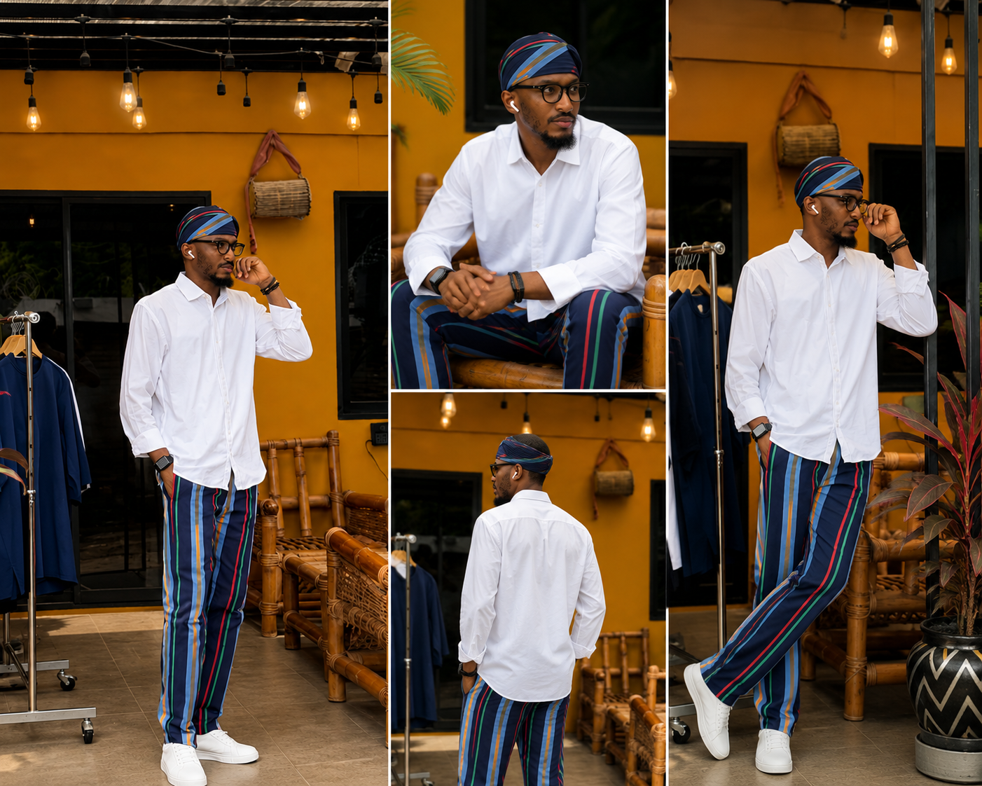 Striped Aso Oke Men's Ensemble, African Handwoven Trousers and Caps Only, Tailored Native Wear, Aso Oke Fila Cap & Trouser Set: Yoruba Traditional Menswear, Handmade Aso Oke Wide-Leg Pants with Cap / Fila.