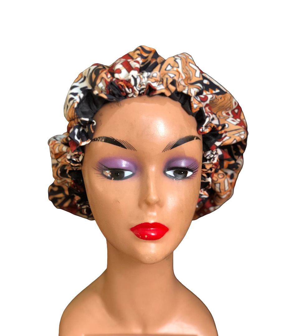 1PC Ankara Bonnet for Women-Double Layer Sleep Cap, Ankara Cotton Bonnet: African Print Protective Hair Cap, Colourful African Print Large Ruffle Hair Bonnets with Cotton Lining, African Inspired Wax Print Hair Bonnets with Lining. Ankara Hair Bonnets.