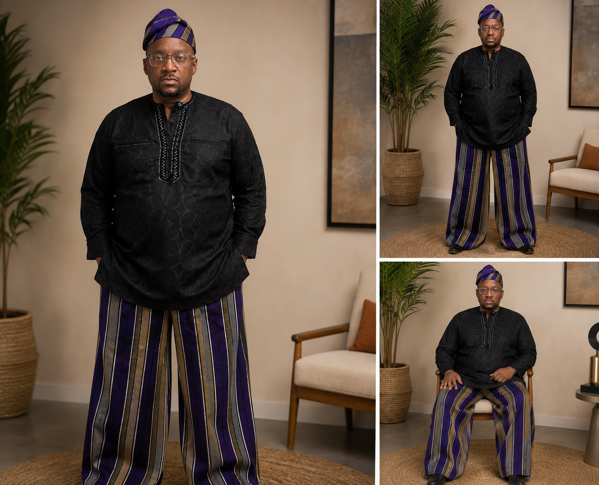 Striped Aso Oke Men's Ensemble, African Handwoven Trousers and Caps Only, Tailored Native Wear, Aso Oke Fila Cap & Trouser Set: Yoruba Traditional Menswear, Handmade Aso Oke Wide-Leg Pants with Cap / Fila.