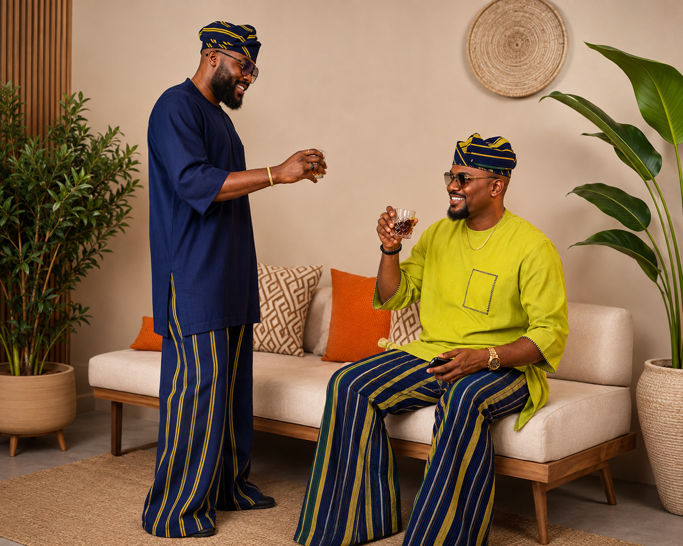 Striped Aso Oke Men's Ensemble, African Handwoven Trousers and Caps Only, Tailored Native Wear, Aso Oke Fila Cap & Trouser Set: Yoruba Traditional Menswear, Handmade Aso Oke Wide-Leg Pants with Cap / Fila.