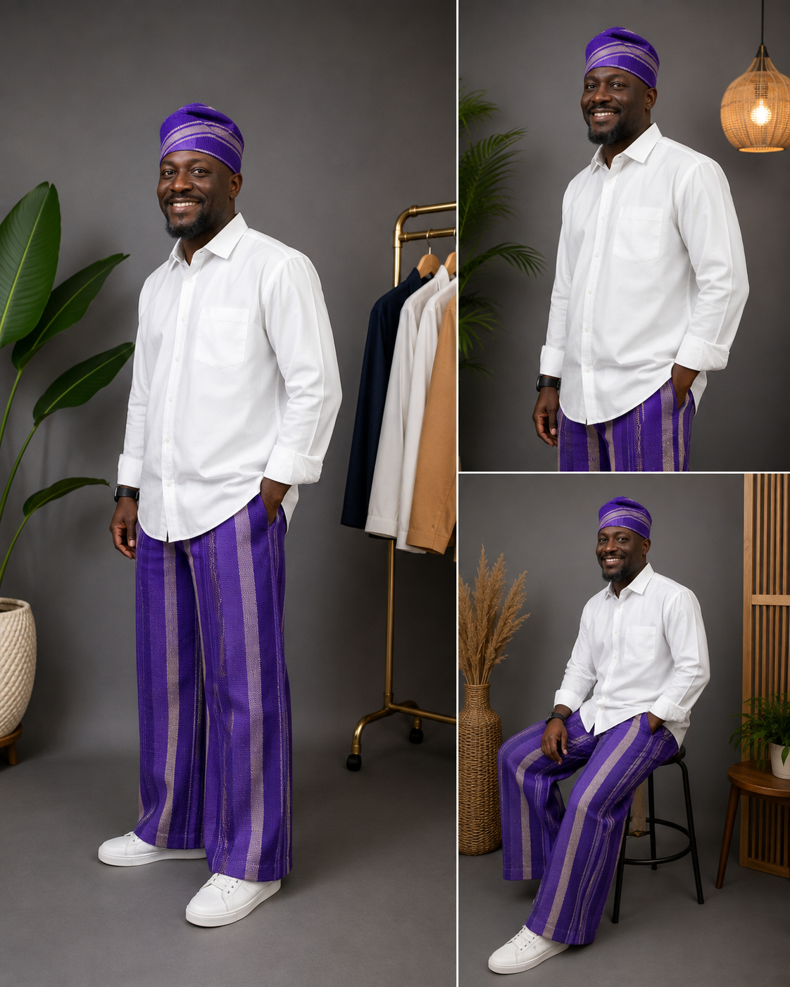 Striped Aso Oke Men's Ensemble, African Handwoven Trousers and Caps Only, Tailored Native Wear, Aso Oke Fila Cap & Trouser Set: Yoruba Traditional Menswear, Handmade Aso Oke Wide-Leg Pants with Cap / Fila.