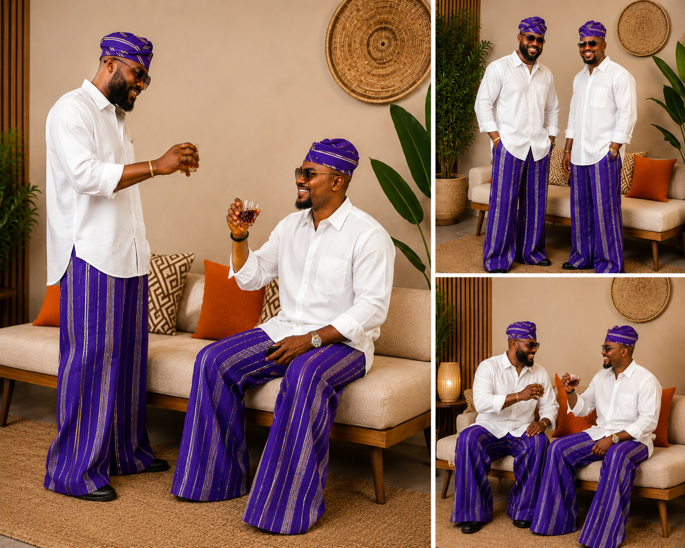 Striped Aso Oke Men's Ensemble, African Handwoven Trousers and Caps Only, Tailored Native Wear, Aso Oke Fila Cap & Trouser Set: Yoruba Traditional Menswear, Handmade Aso Oke Wide-Leg Pants with Cap / Fila.