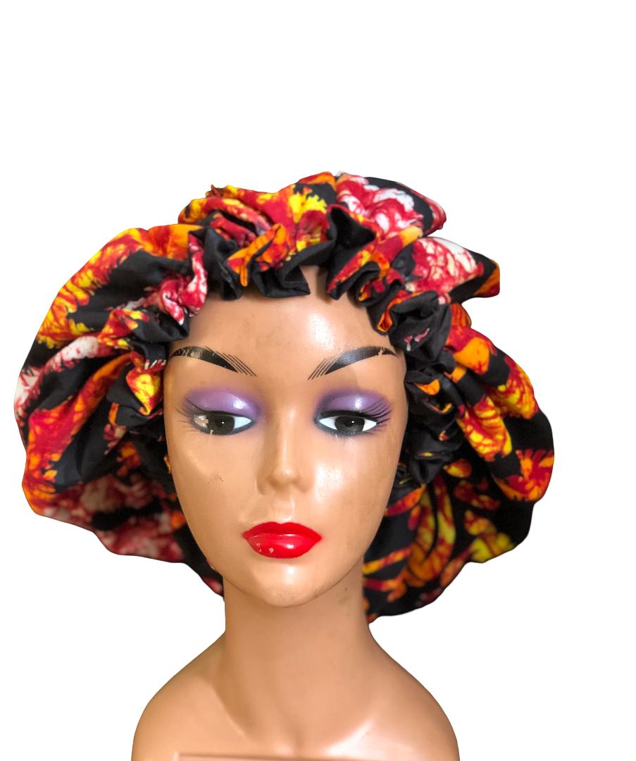 1PC Ankara Bonnet for Women-Double Layer Sleep Cap, Ankara Cotton Bonnet: African Print Protective Hair Cap, Colourful African Print Large Ruffle Hair Bonnets with Cotton Lining, African Inspired Wax Print Hair Bonnets with Lining. Ankara Hair Bonnets.