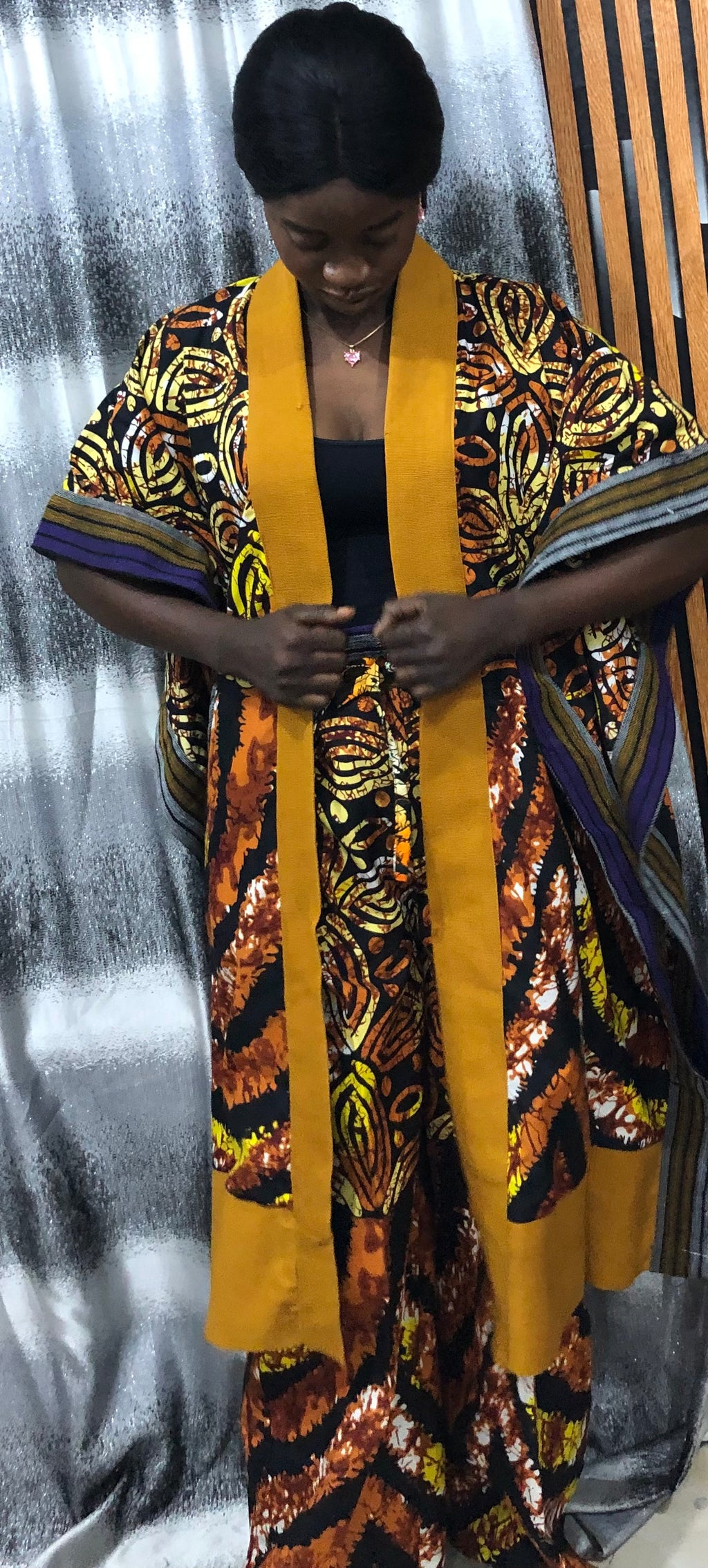 Modern Style African Ankara Print and Aso-Oke Kimono 2p Pant Set, African kimono & pants, Ankara kimono African 2piece set, Ankara matching set, African styles for women, African print pants.