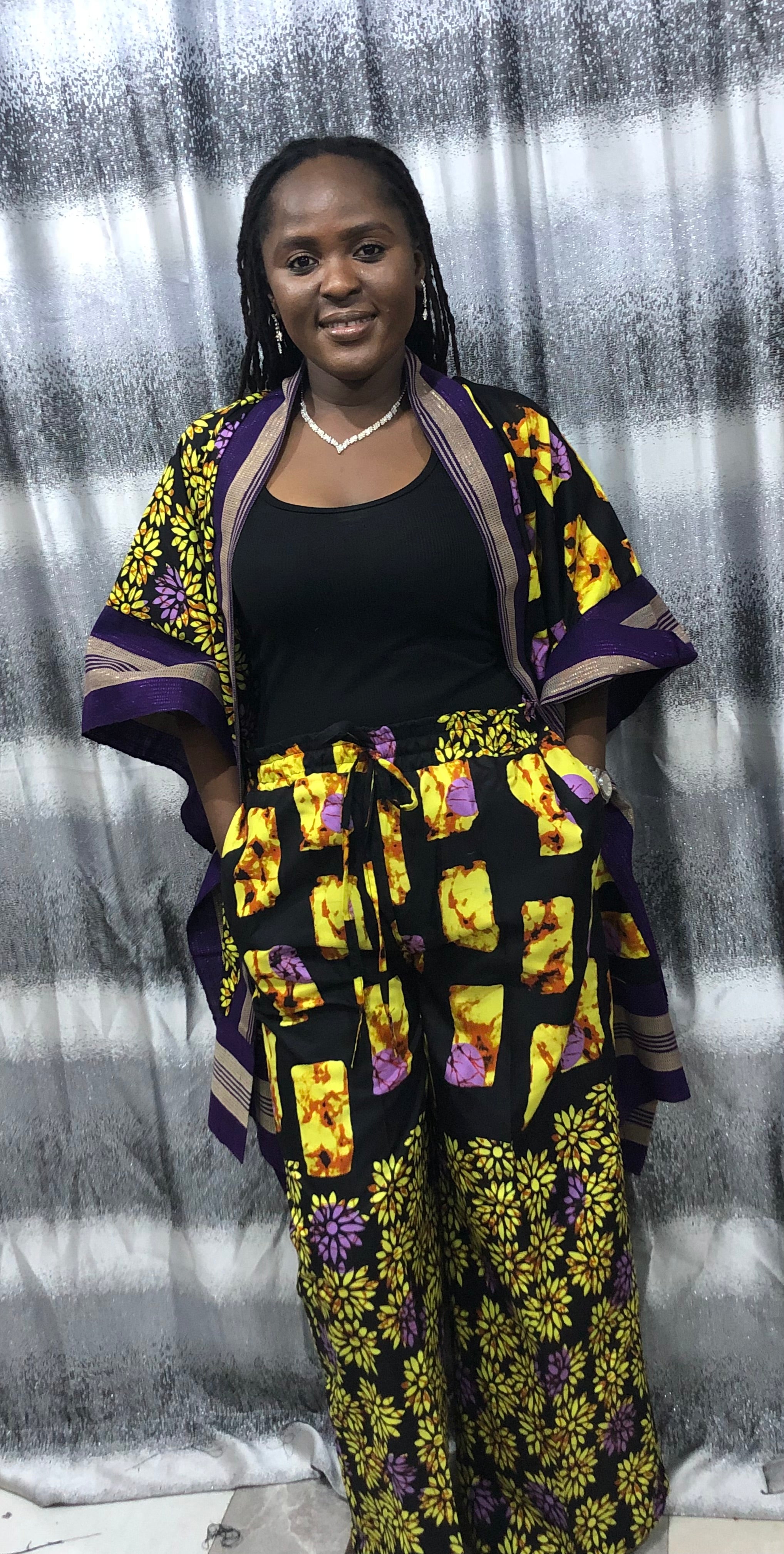 Modern Style African Ankara Print and Aso-Oke Kimono 2p Pant Set, African kimono & pants, Ankara kimono African 2piece set, Ankara matching set, African styles for women, African print pants.